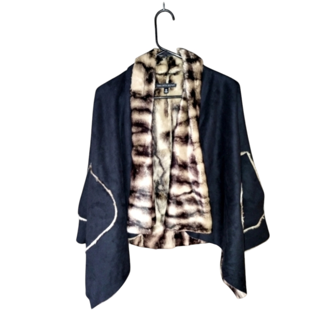 Saks Fifth Avenue Faux Black Suede With Faux Fur Animal Print Trim Poncho